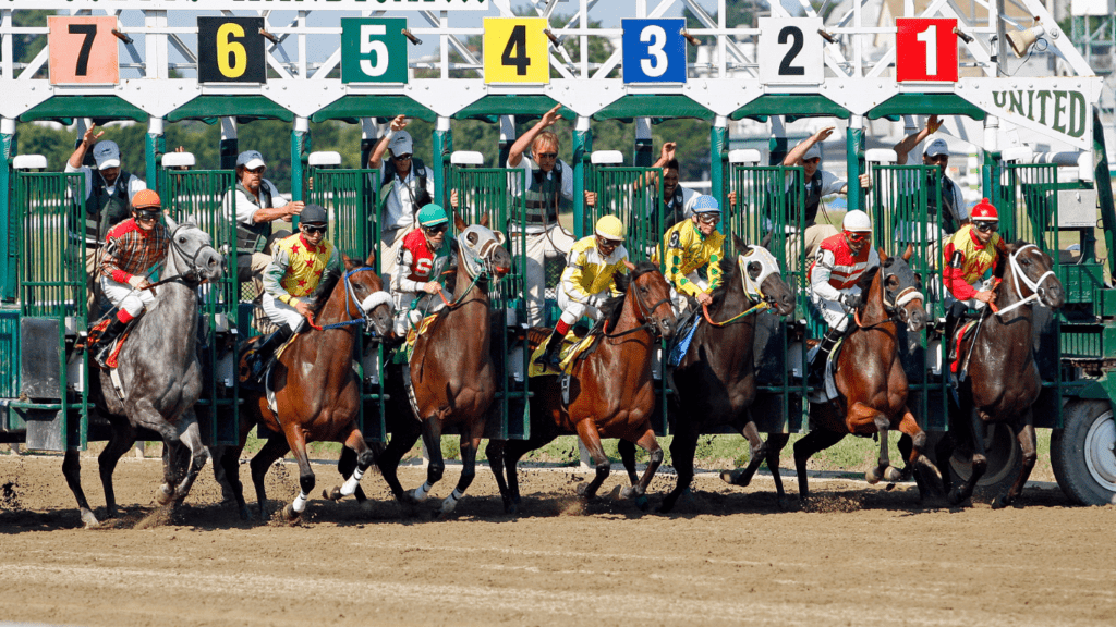 a group of jockeys and horses racing