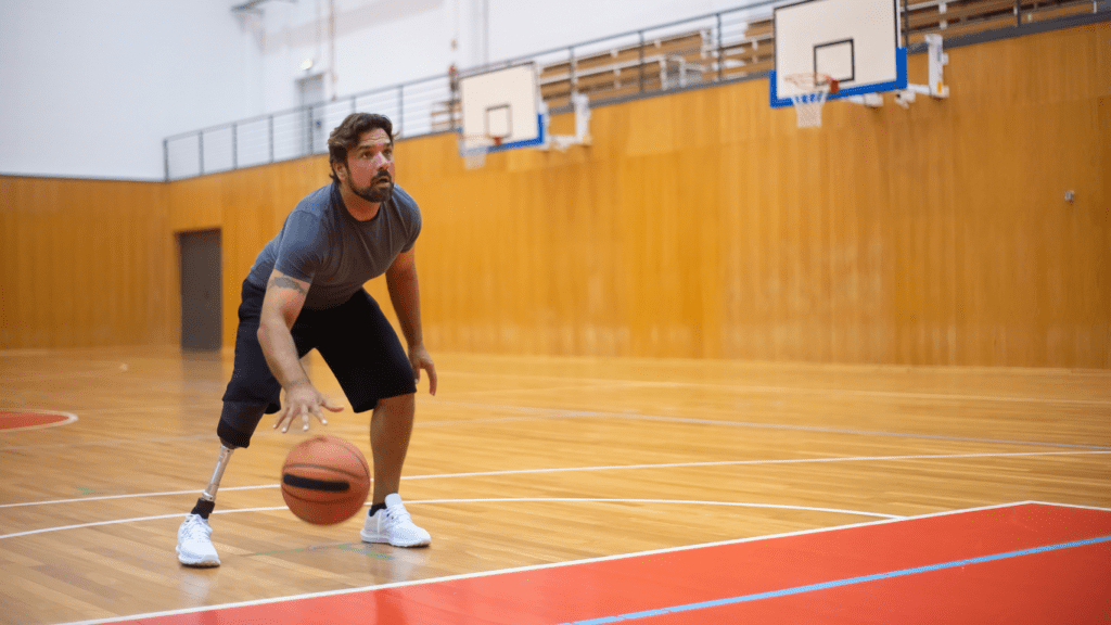 a basketball player dribbling the ball during a game