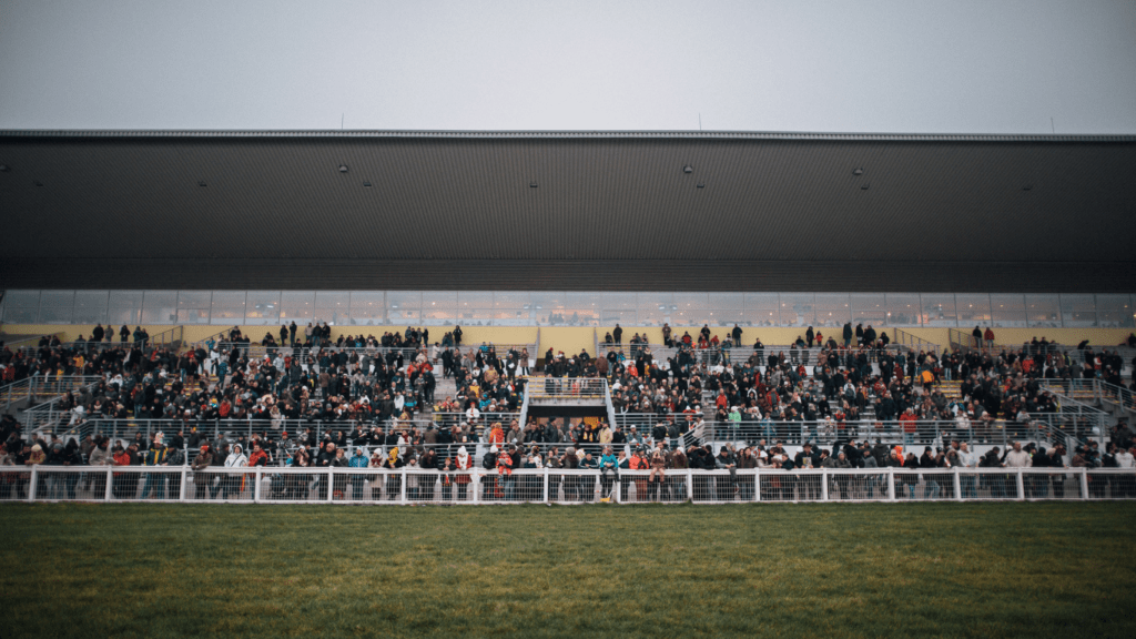 a crowd of people are watching a horse race